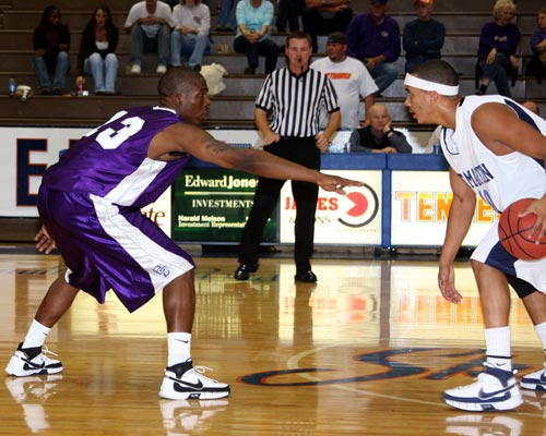 Bethel guard LeRoy Bell defends against UT-Martin in an exhibition game Thursday night